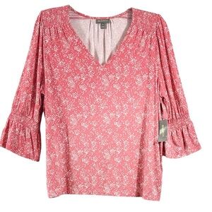 Style & Co. Blouse Dot Ruffle Sleeve V Neck Cottagecore Top Pink Size XL NWT